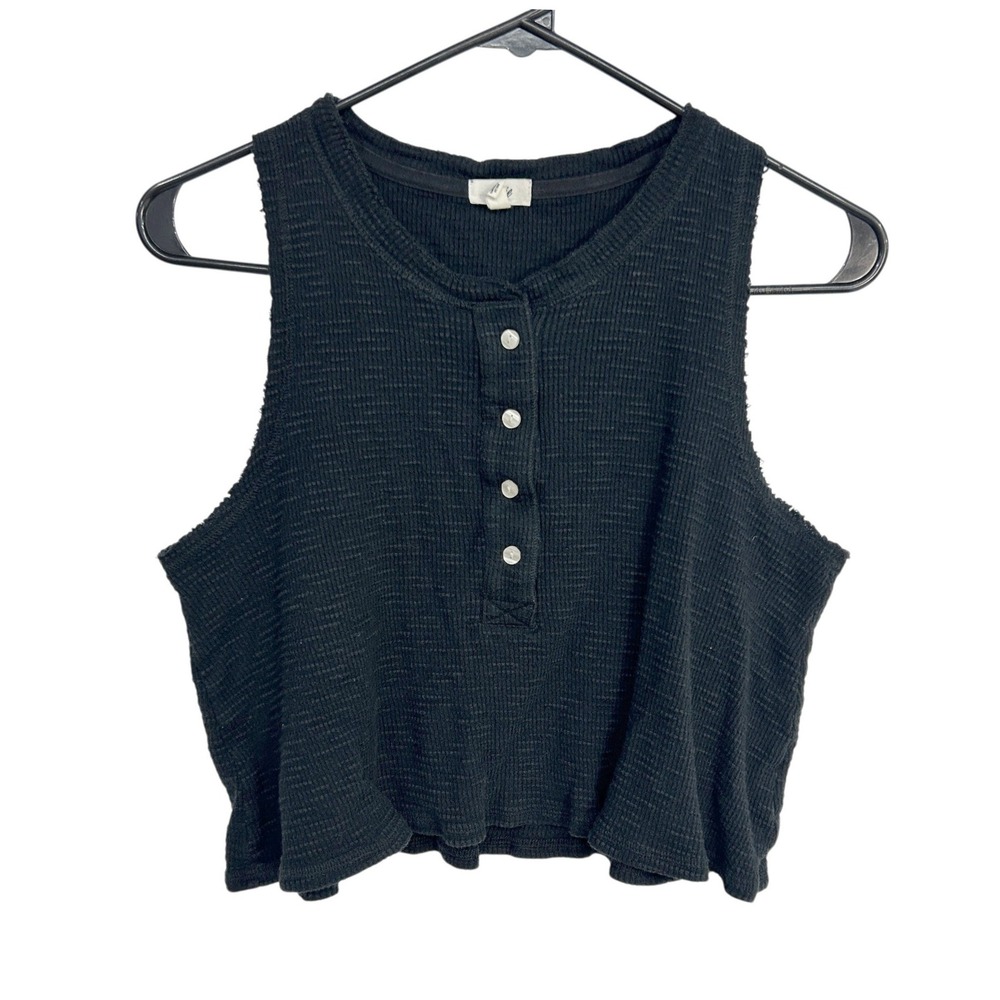 Aerie Waffle Knit Henley Tank Top Medium Black Cropped Raw Edge Y2K Casual